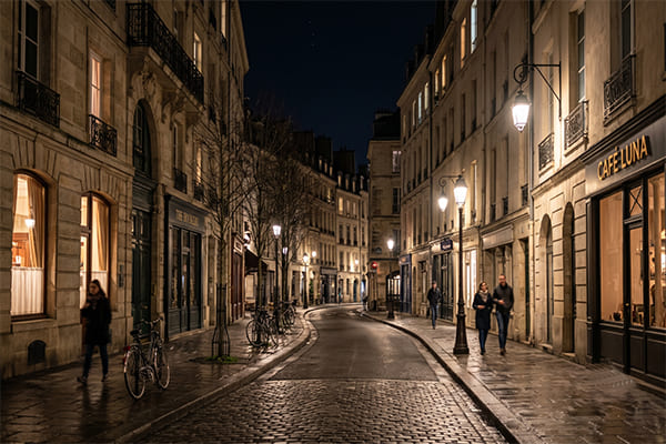 A well-lit city street at night with minimal glare and light spill